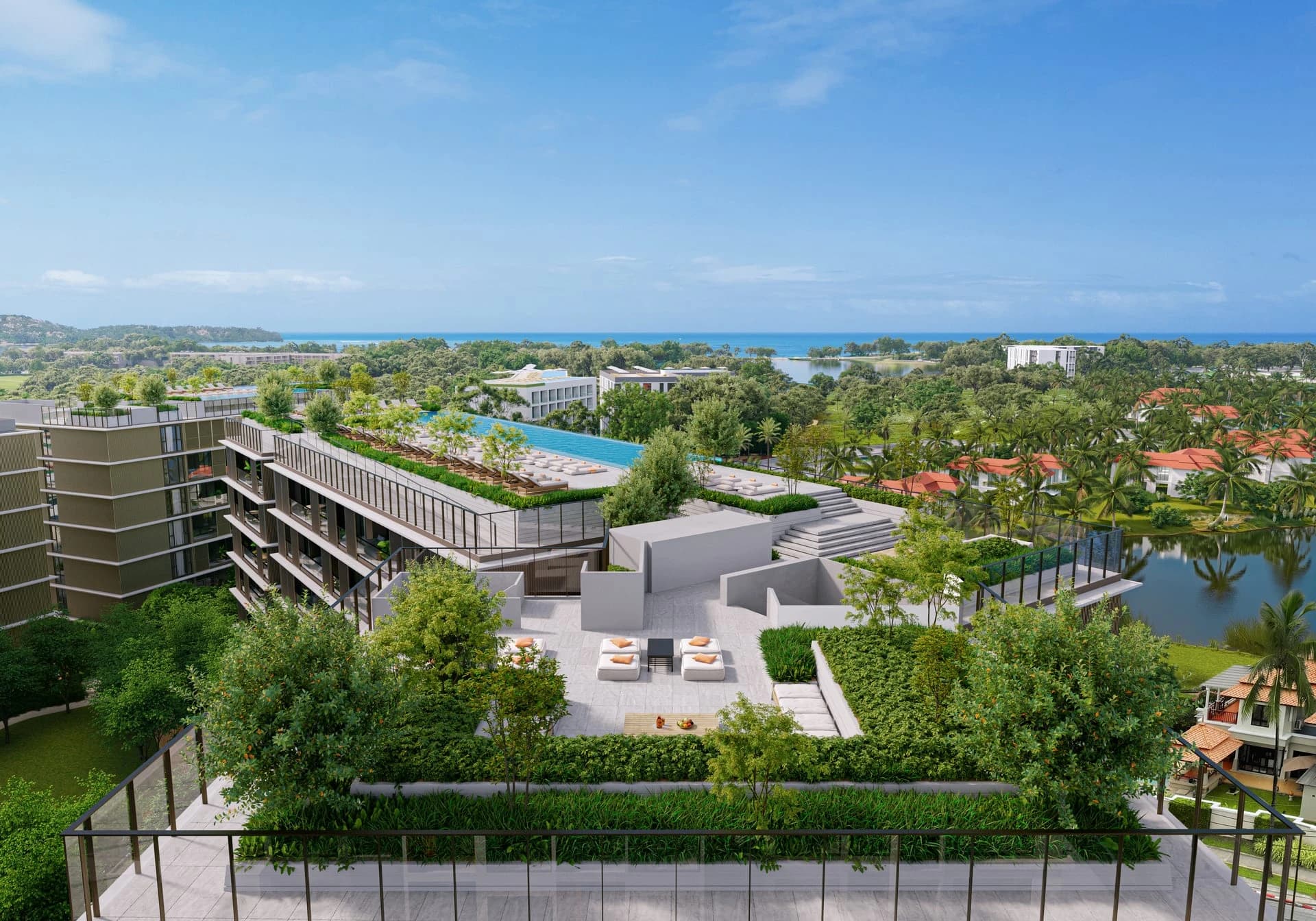 The two buildings and their rooftop pools over the lagoon, rendering